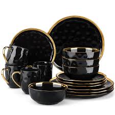 [D1231] Dinner Set 20Pc Black, Gold Lines Rvt 3951