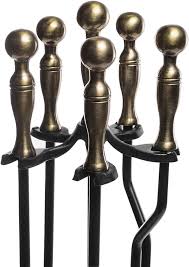 [F15] Fire Place Set 5Pc On Stand Cast Iron With Brass Handles