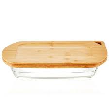 [GL2263] Dish 258X153X45Mm 1L Borosilicate Glass With Bamboo Lid 12097