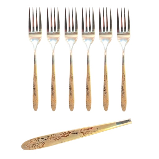 [CT317] Cake Fork 6Pc Stainless Steel With Gold Handles Floral Pattern Syds-099