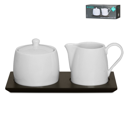 [D1541] Sugar & Creamer On Tray Set 3Pc 200Ml Creamer- 7X7X10Cm Sugar - 22X11X1Cm Tray Just White Eetrite Er0139