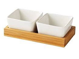 [D724] Bowl Set 2Pc Porcelain With Bamboo Lids & Tray Zh-53