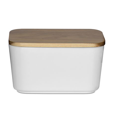 [KG1631] Butter Dish 17X12X9Cm Porcelain With Acacia Wood Lid Eetrite Er0291