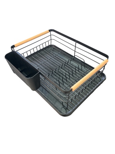 [RS95] Dish Rack 39X27X14Cm Black With Wooden Handles Rvt2023-239Andles