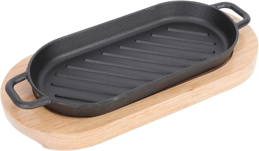 [P814] Sizzler Plate 37.5X16Cm Cast Iron With Handles & Wooden Base Rvt2023-221