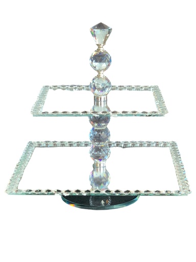 [Z1176] Cake Stand 2 Tier Square Mirror With Diamante On Rotating Stand Rvt2023-294