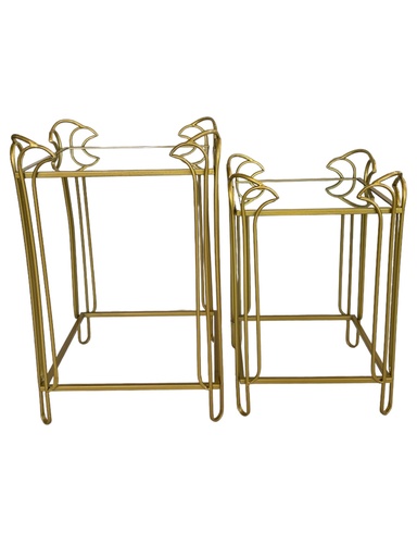 [F31] Side Table 2Pc Set Square Gold Metal With Mirror Top Rvt2023-381