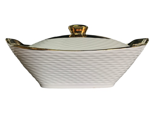 [D632] Casserole 31X19X7.5Cm Porcelain Embossed With Gold Rim Rvt2023-145