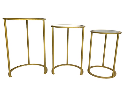 [F37] Side Table 3pc Set Round Gold Metal Nested With Mirror Top RVT2023-377