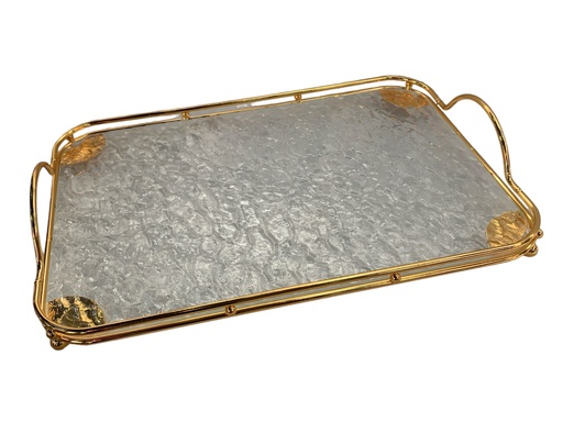 [AD00393] Tray 37x26x2.5cm Gold With Embossed Clear Glass RVT2023-196