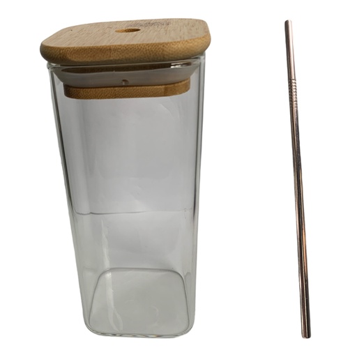 [AD01530] Water Bottle 380ml Glass With Bamboo Lid & Straw Square RVT2023-038