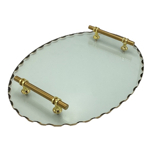 [AD05299] Tray 30x40cm Oval Glass With Gold Border & Handles-RVT2023-278