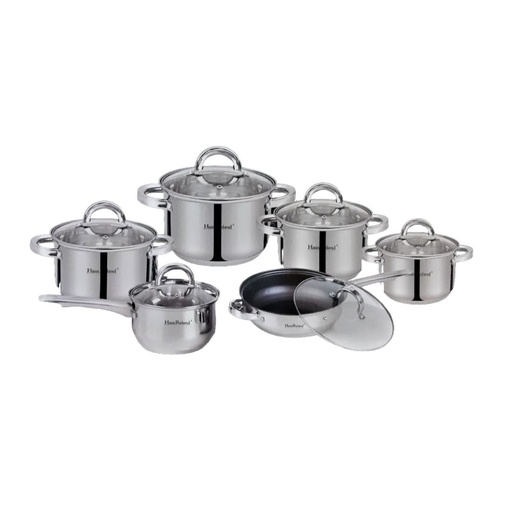 [AD07751] Pot Set 12pc Stainless Steel With Glass Lids Haus Roland HR101-2