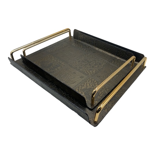 [AD09581] Tray 2Pc Metal Bronze Ethnic Pattern with Handle RHW-3113